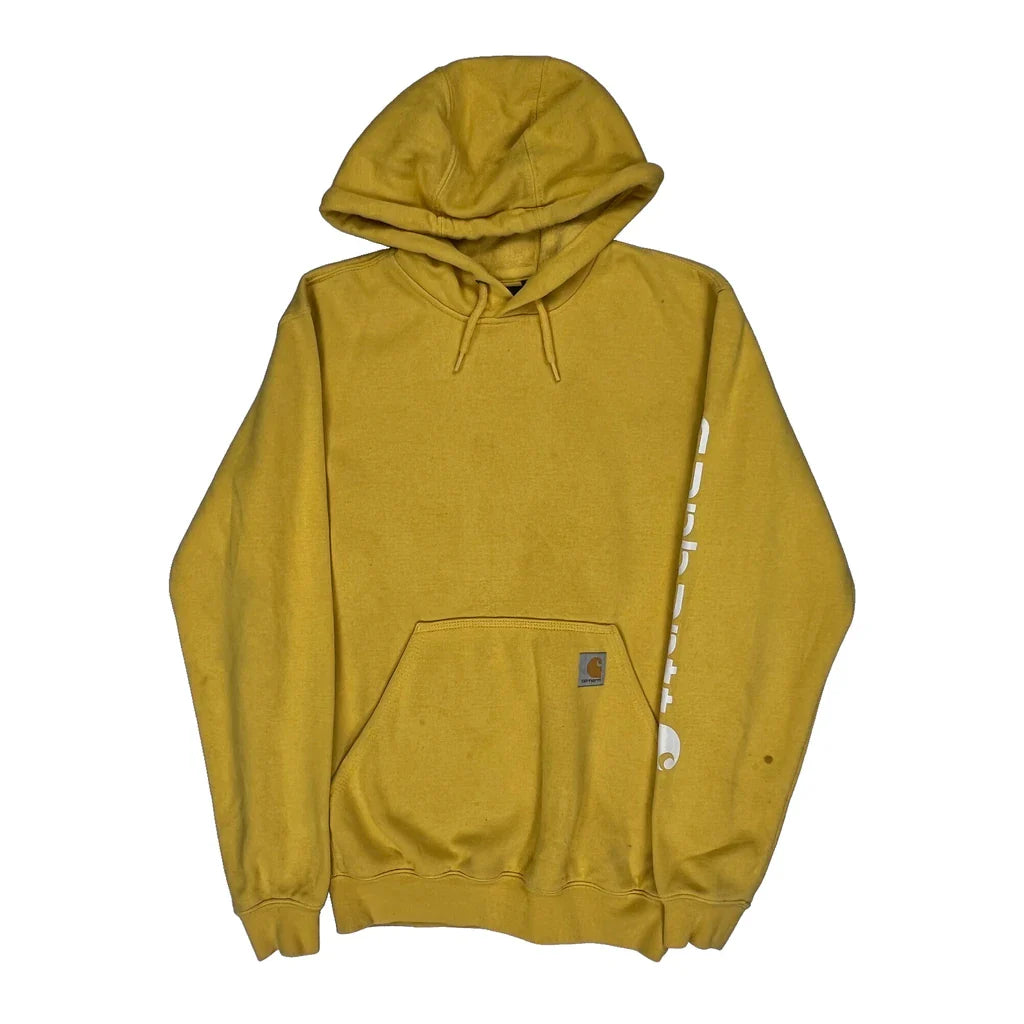 Carhartt Spellout Hoodie - XS Yellow Cotton Refurbished - Thrifted (note: this is a term often used to describe second- refurbished available on Cerqular