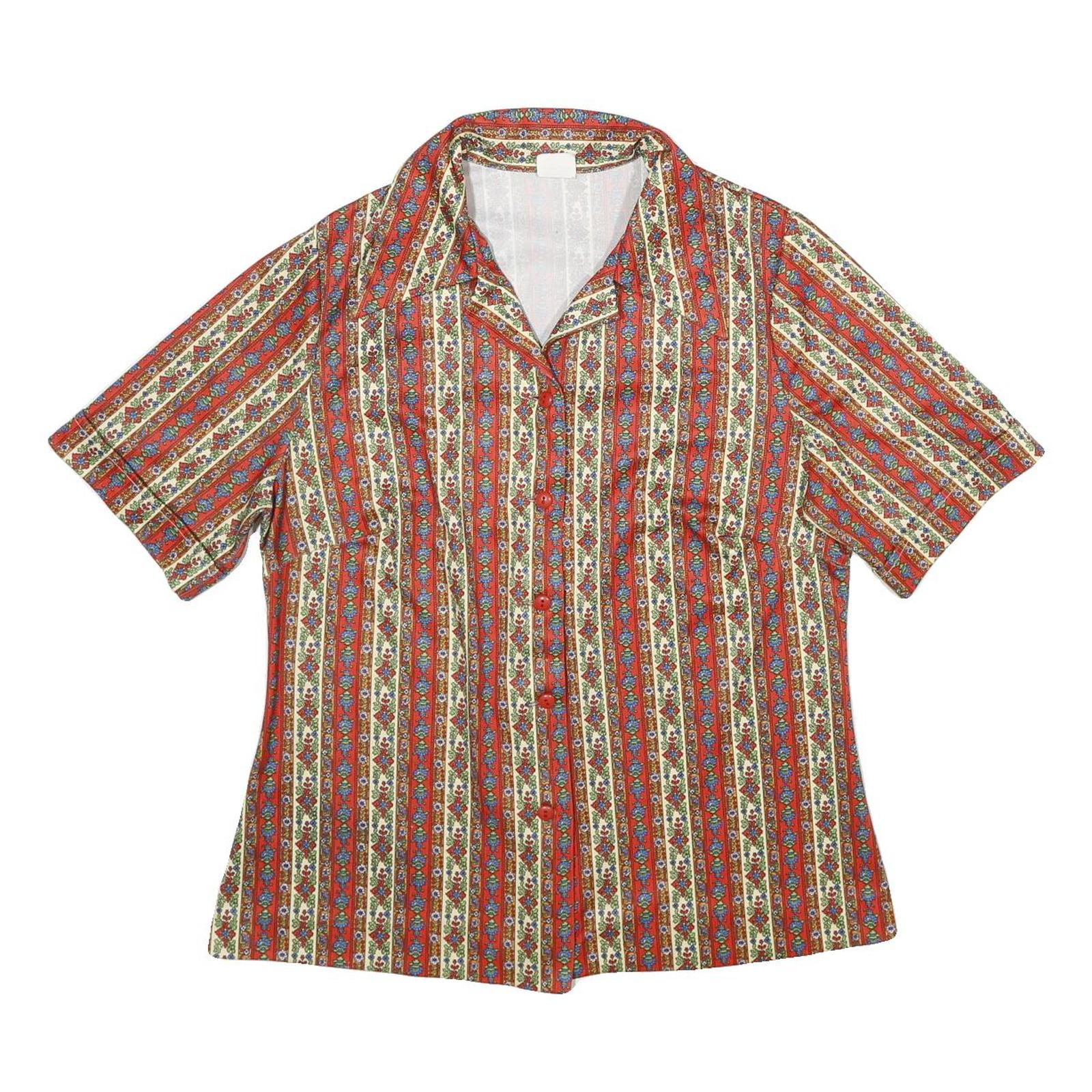 Womens Red Floral Stripe Button Shirt UK 10 Short Sleeve Vintage Style Refurbished - N/A refurbished available on Cerqular