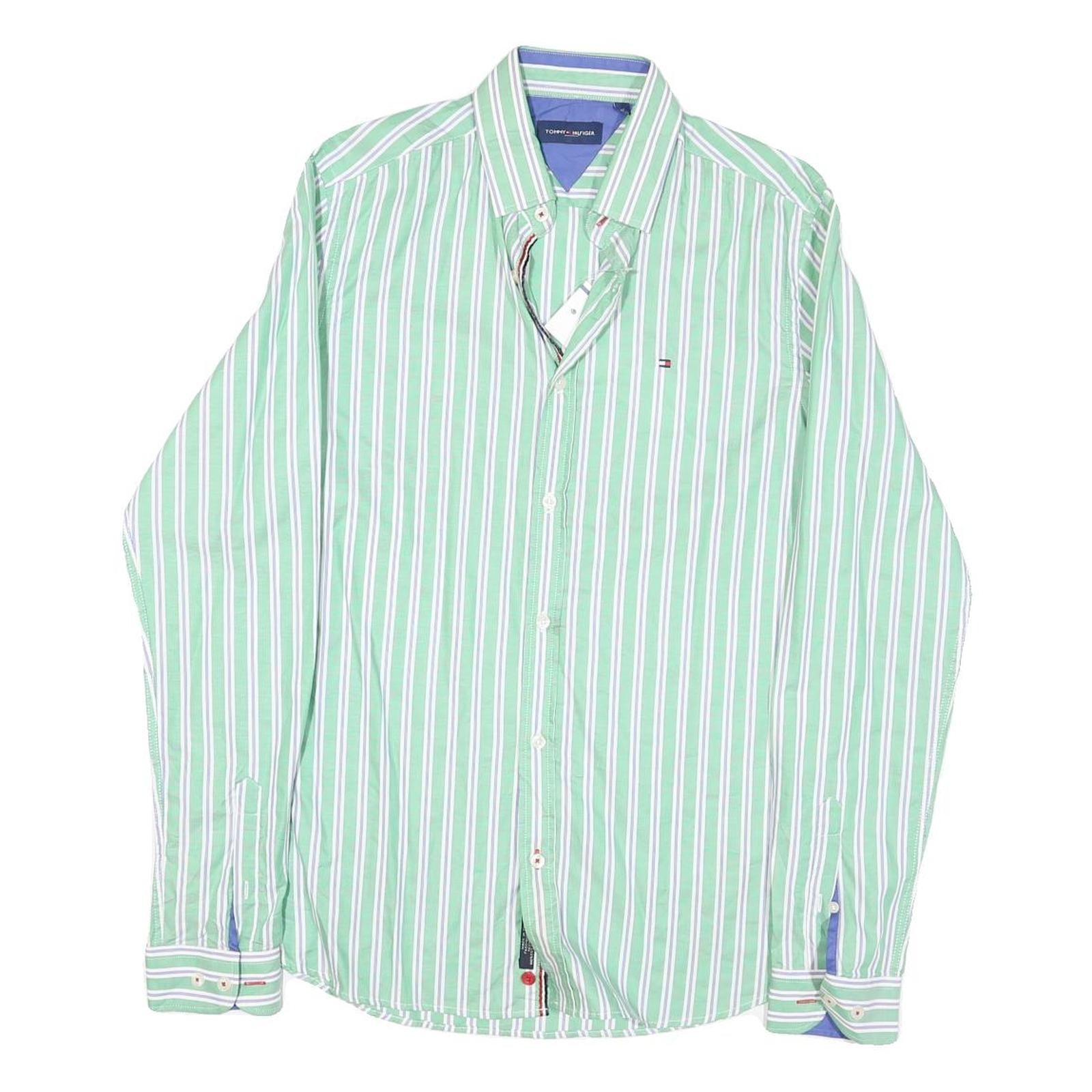 TOMMY HILFIGER Mens Green & White Striped Cotton Blend Shirt M Classic Fit Refurbished - N/A refurbished available on Cerqular