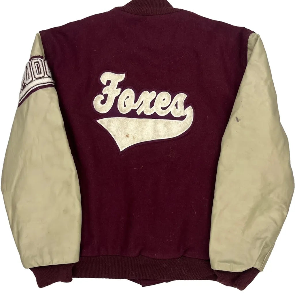 Foxes Neff College Varsity Jacket - Large Beige Leather Refurbished - Thrifted (note: this is a term often used to describe second- refurbished available on Cerqular