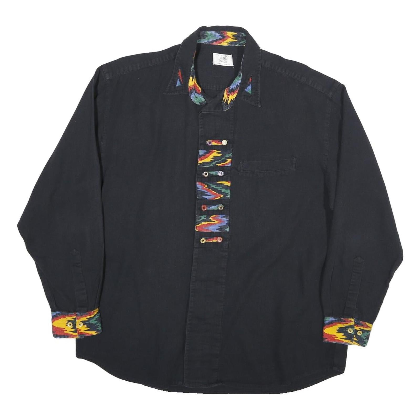 ALBA MODA Mens Black Cotton Blend Shirt M Colourful Patterned Trim Casual Long Refurbished - N/A refurbished available on Cerqular