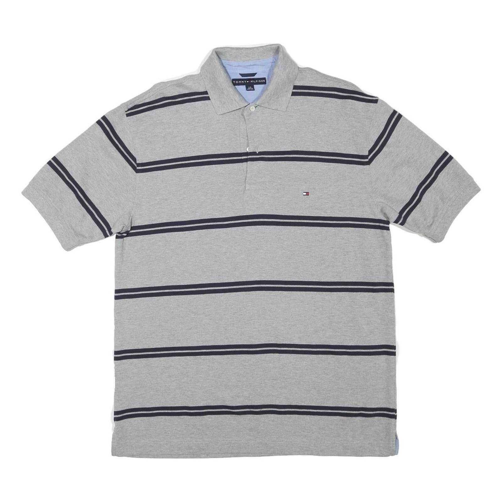 TOMMY HILFIGER Mens Grey Short Sleeve Striped Polo Shirt L Classic Cotton Blend Refurbished - N/A refurbished available on Cerqular