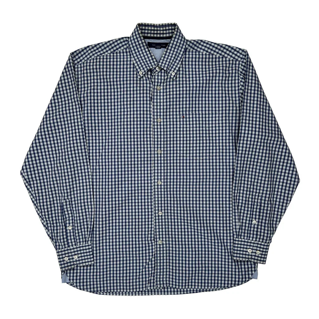 Tommy Hilfiger Checked Shirt - Medium Blue Cotton Refurbished - Thrifted (note: this is a term often used to describe second- refurbished available on Cerqular