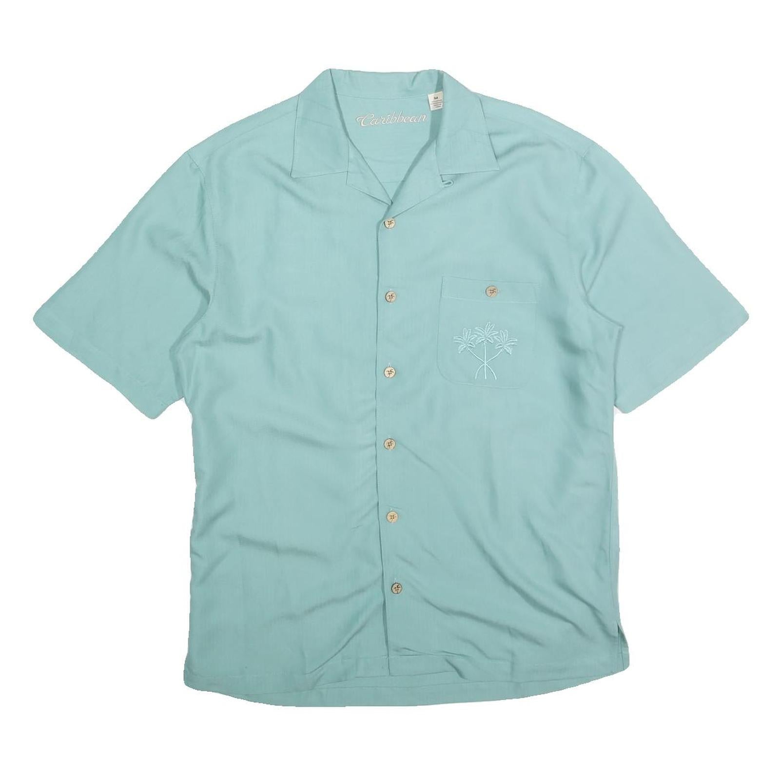 CARRIBEAN Mens Blue Rayon Shirt M Palm Tree Embroidered Casual Beachwear Refurbished - N/A refurbished available on Cerqular
