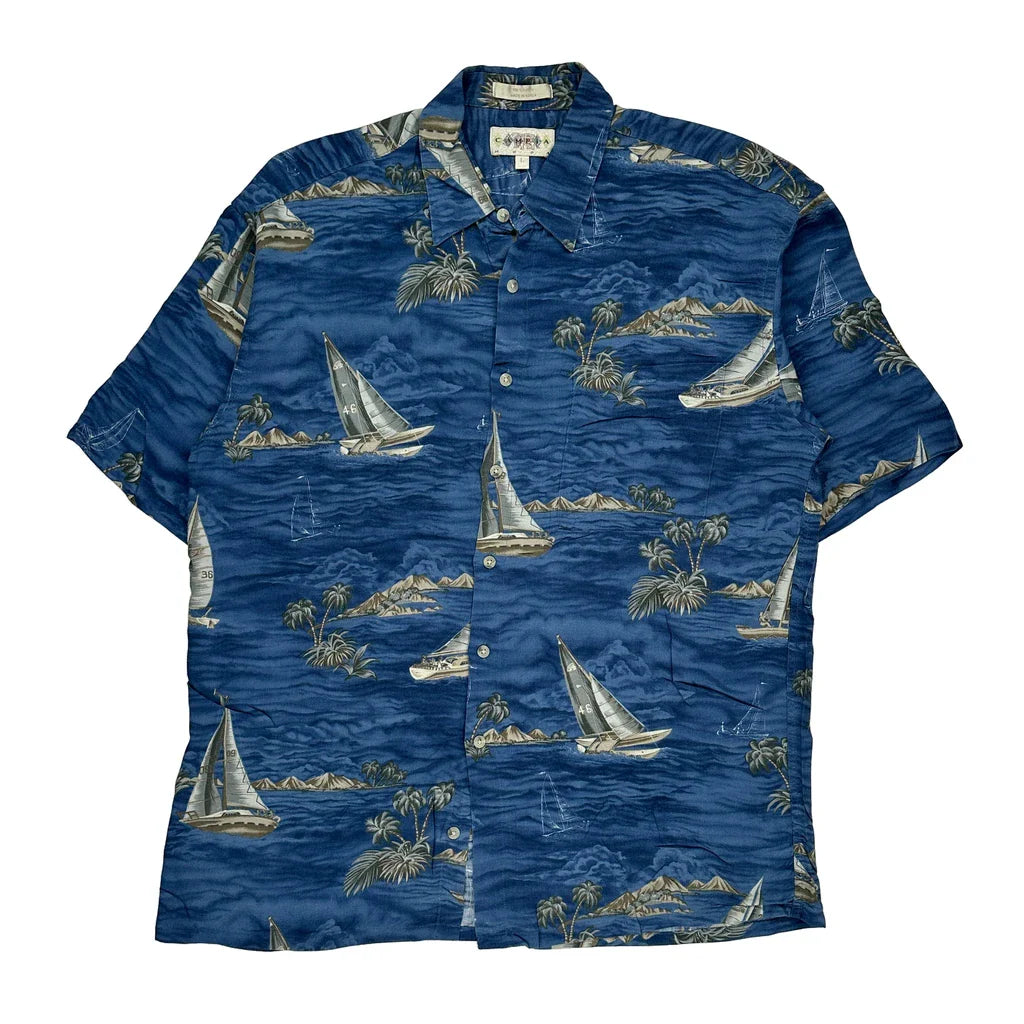 Campia Moda Hawaiian Shirt - Large Blue Viscose Refurbished - Thrifted (note: this is a term often used to describe second- refurbished available on Cerqular