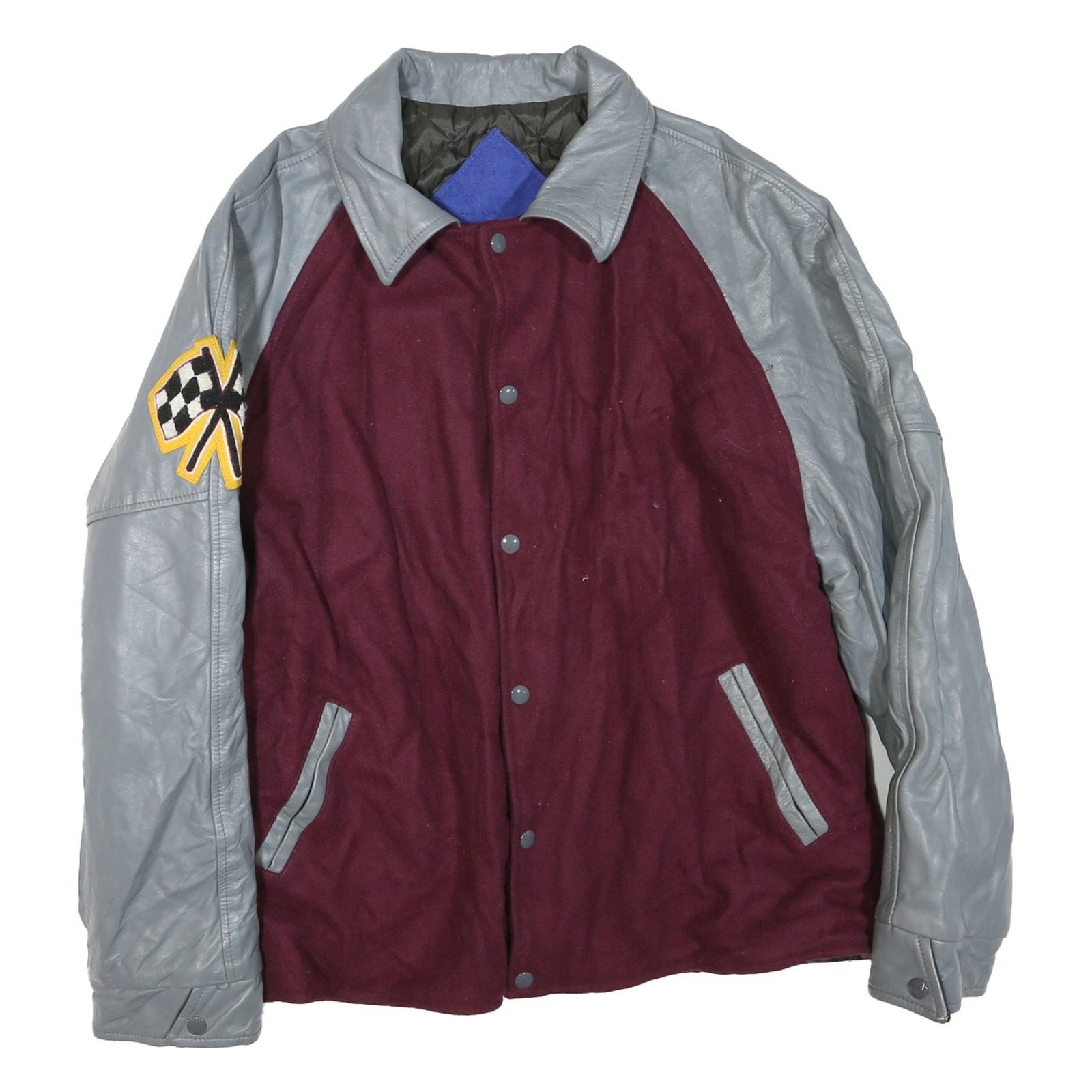 Mens Burgundy & Grey Wool Blend Button Jacket M Leather Sleeves Patch Detail Refurbished - N/A refurbished available on Cerqular