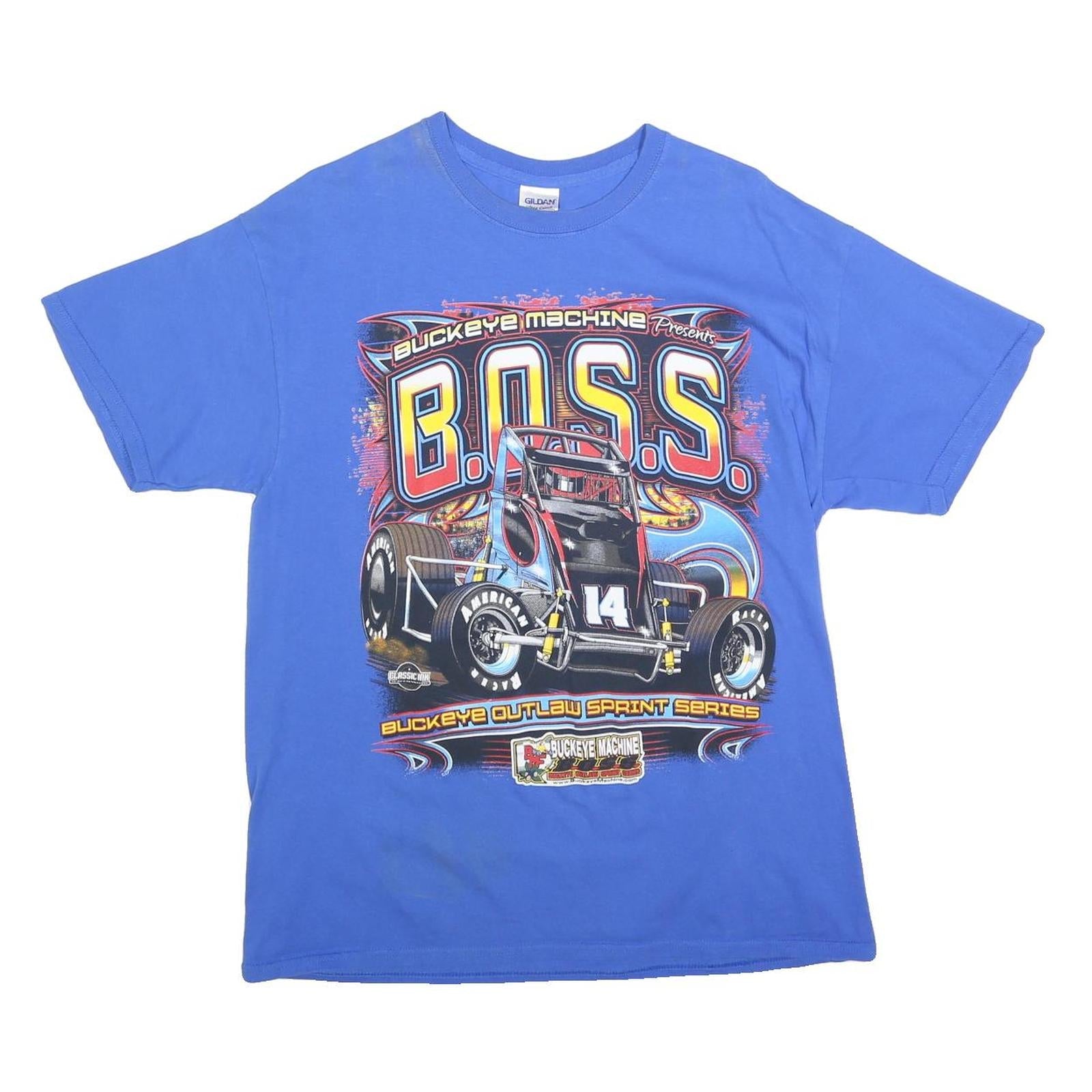 GILDAN Mens Blue B.O.S.S. Graphic T-Shirt L Short Sleeve Crew Neck Racing Print Refurbished - N/A refurbished available on Cerqular