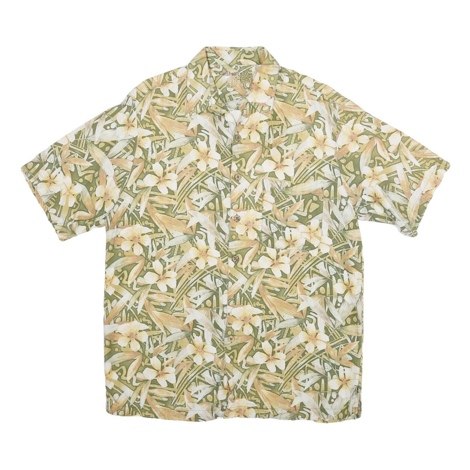 CARIBBEAN Mens Green & Beige Floral Silk Shirt M Summer Vacation Style Refurbished - N/A refurbished available on Cerqular