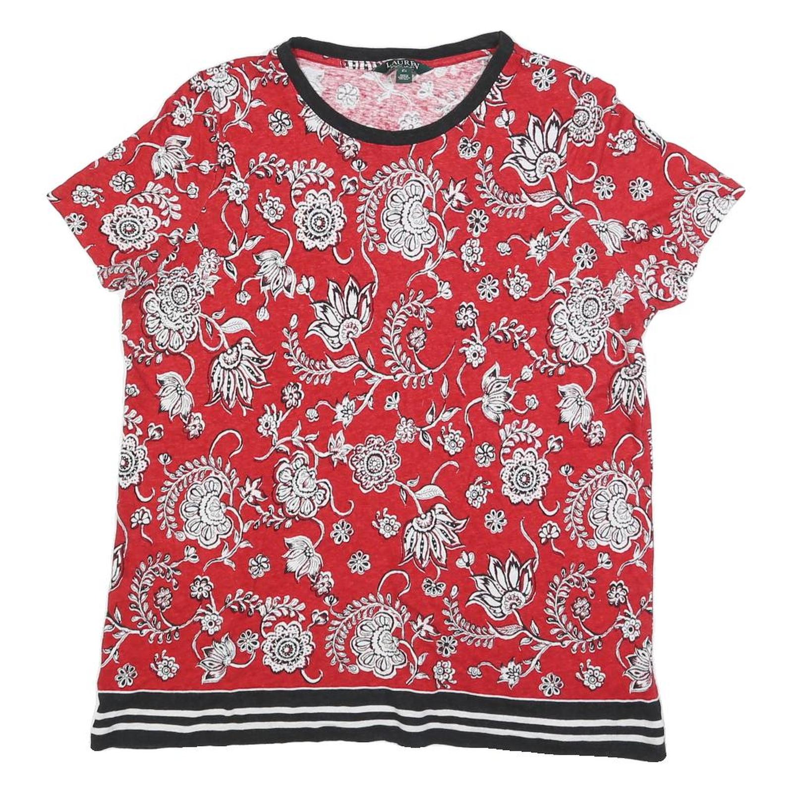 LAUREN RALPH LAUREN Womens Red & White Printed Short Sleeve Round Neck Top 2XL Refurbished - N/A refurbished available on Cerqular