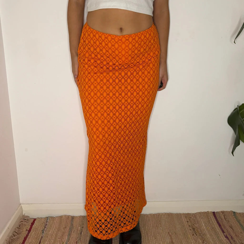 Planet Fashion Maxi Skirt - 26W UK 6 Orange Polyester Refurbished - Thrifted (note: this is a term often used to describe second- refurbished available on Cerqular