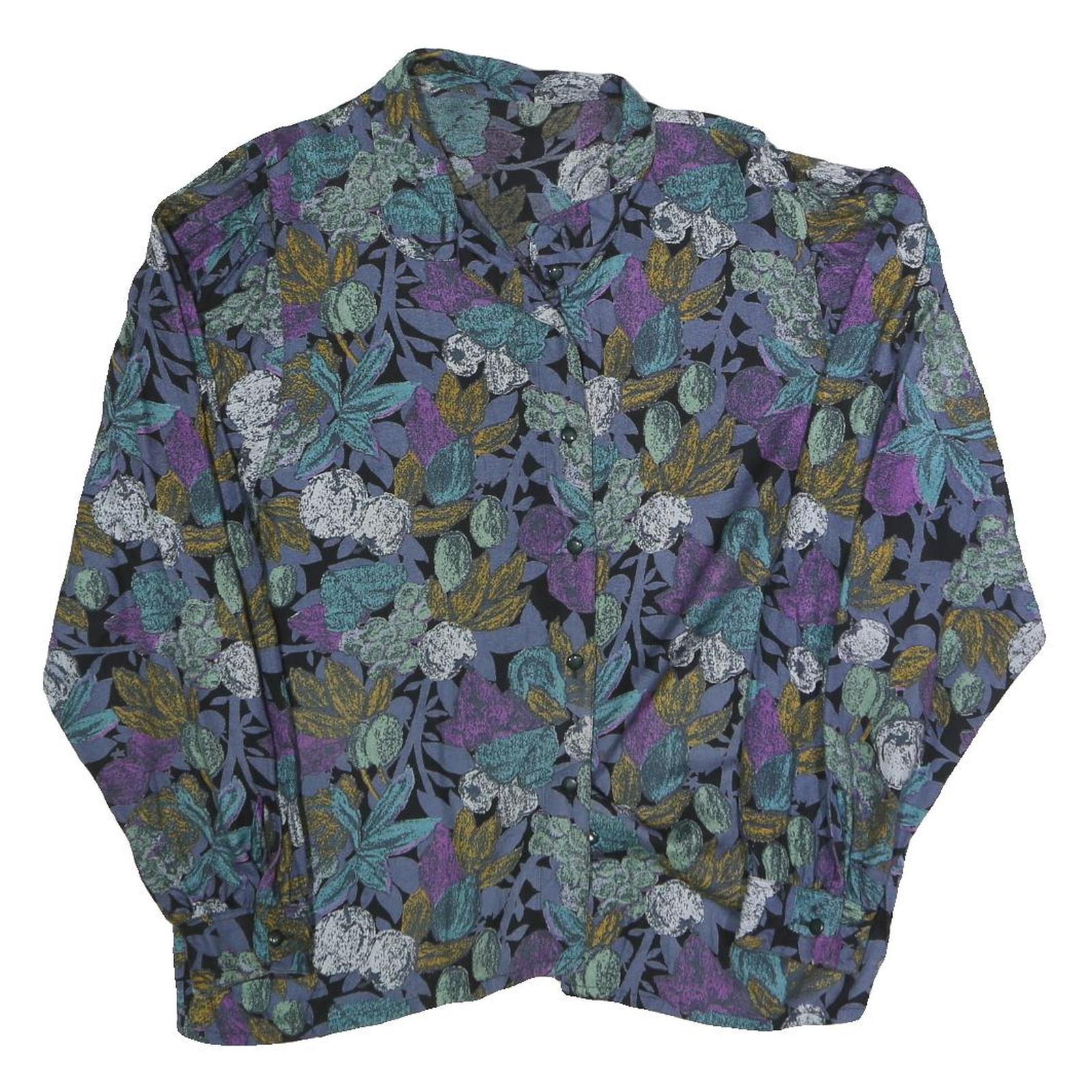 Womens Black & Purple Floral Printed Shirt Long Sleeve Button Neck L Cotton Refurbished - N/A refurbished available on Cerqular