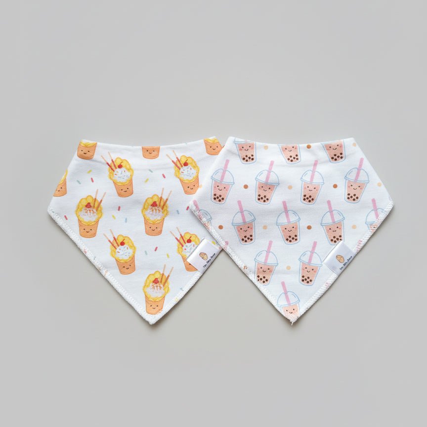 Organic Cotton Bandana Bibs 2pcs Set - Bakery Buns + Iced Tea Combo | Design: Boba + Egg Waffle Refurbished - The Wee Bean refurbished available on Cerqular