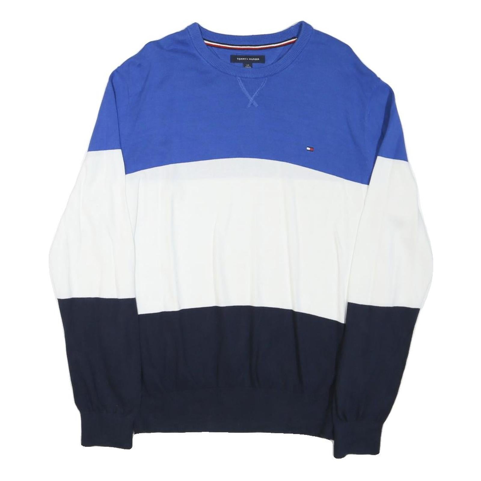 TOMMY HILFIGER Mens Blue & White & Navy Plain Crew Neck Basic Knit L Jumper Refurbished - N/A refurbished available on Cerqular