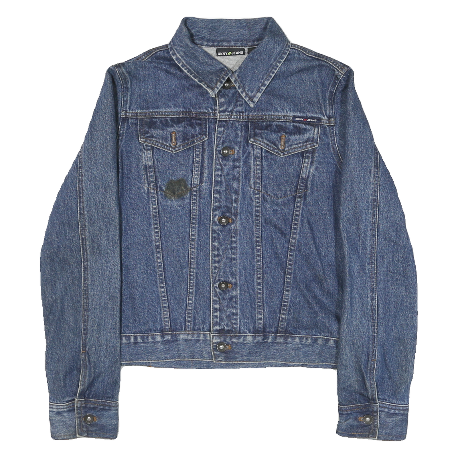 DKNY Womens Blue Denim Cotton Blend Button Jacket L Jeans Patchwork Casual Refurbished - N/A refurbished available on Cerqular