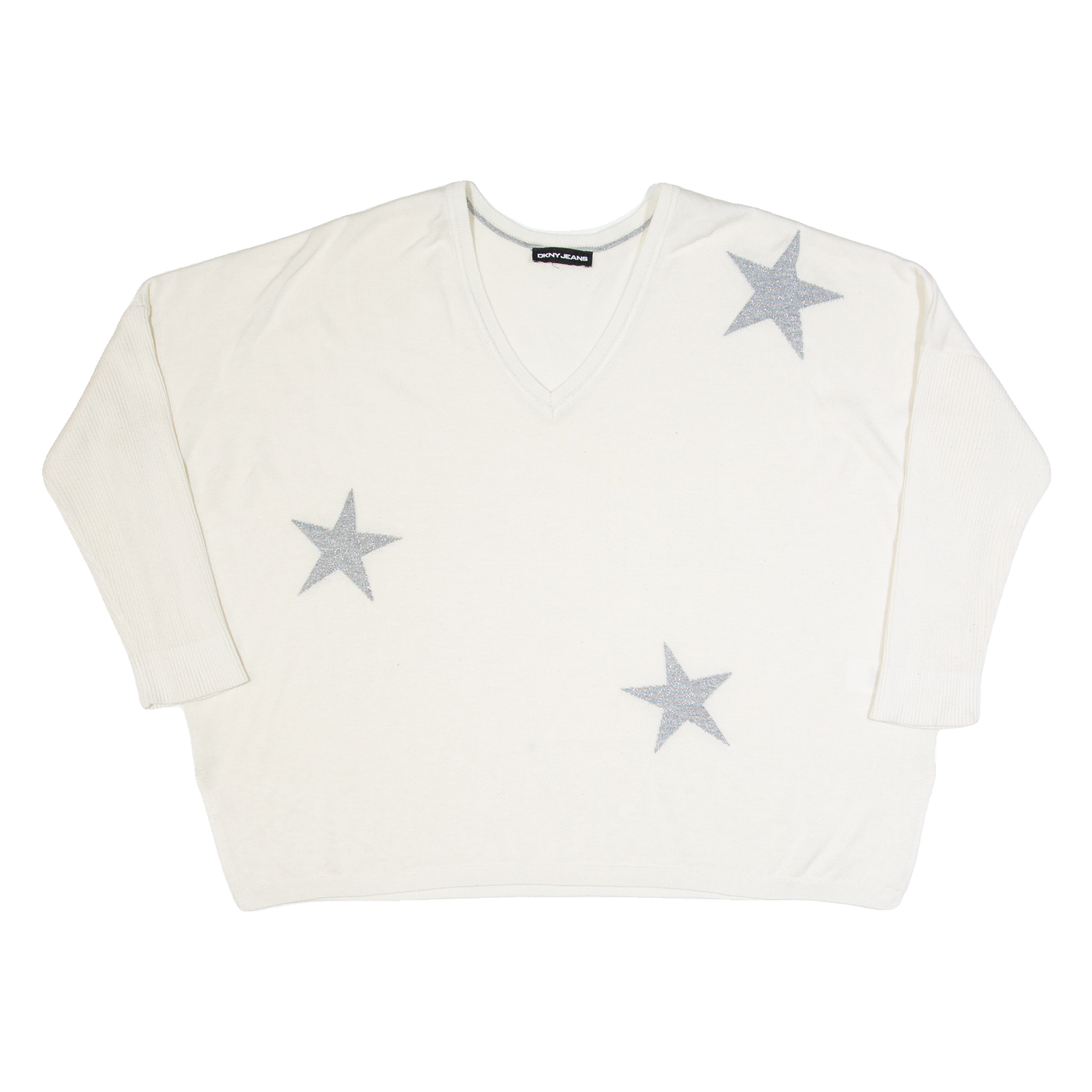 DKNY Star Design Womens Patterned Jumper Beige V-Neck Tight Knit 2XL Refurbished - N/A refurbished available on Cerqular
