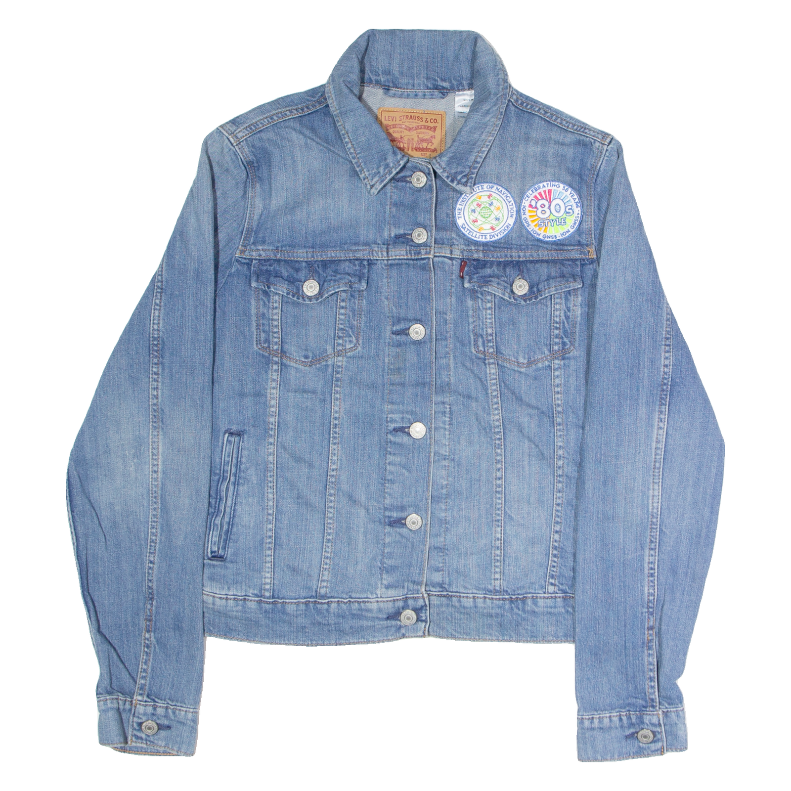 LEVI'S Badges Ironed On Womens Denim Jacket Blue L Refurbished - N/A refurbished available on Cerqular