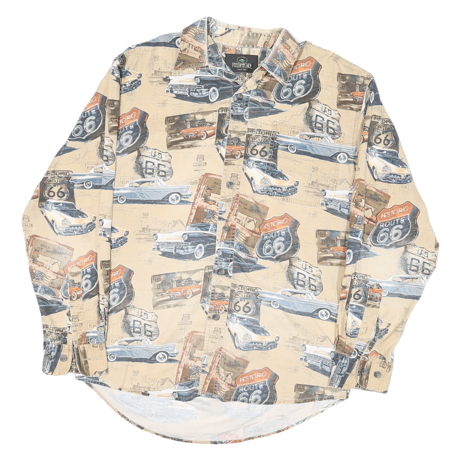 REDHEAD Mens Beige Route 66 Classic Cars Cotton Blend Shirt S Vintage Print Refurbished - N/A refurbished available on Cerqular