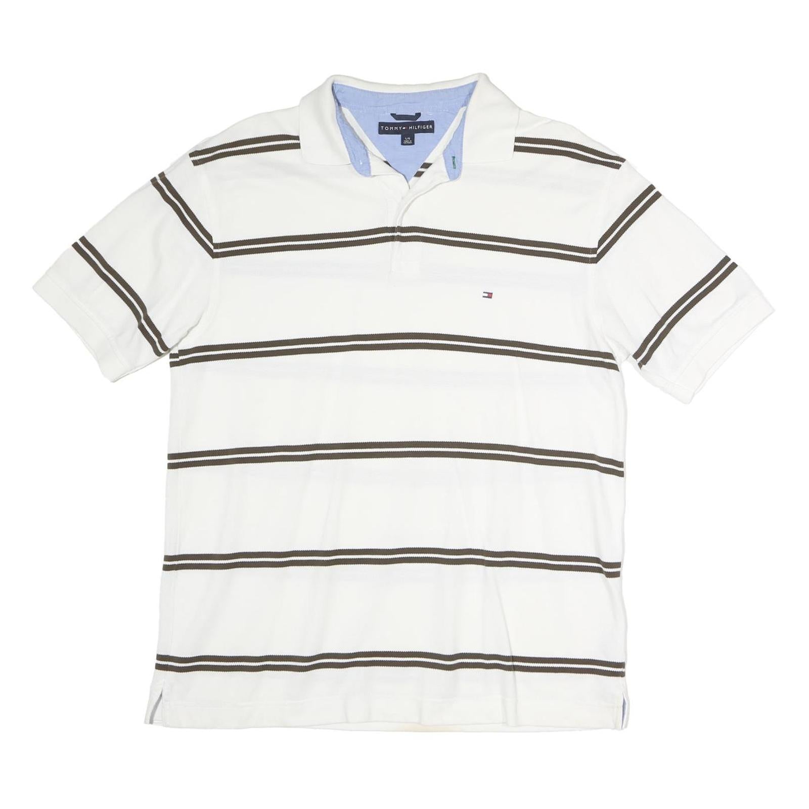 TOMMY HILFIGER Mens White & Brown Striped Cotton Short Sleeve Polo Shirt L Refurbished - N/A refurbished available on Cerqular