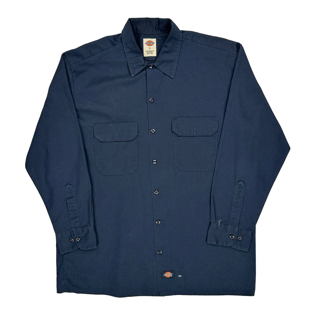 Dickies Shirt - Large Navy Polyester Blend Refurbished - Thrifted (note: this is a term often used to describe second- refurbished available on Cerqular