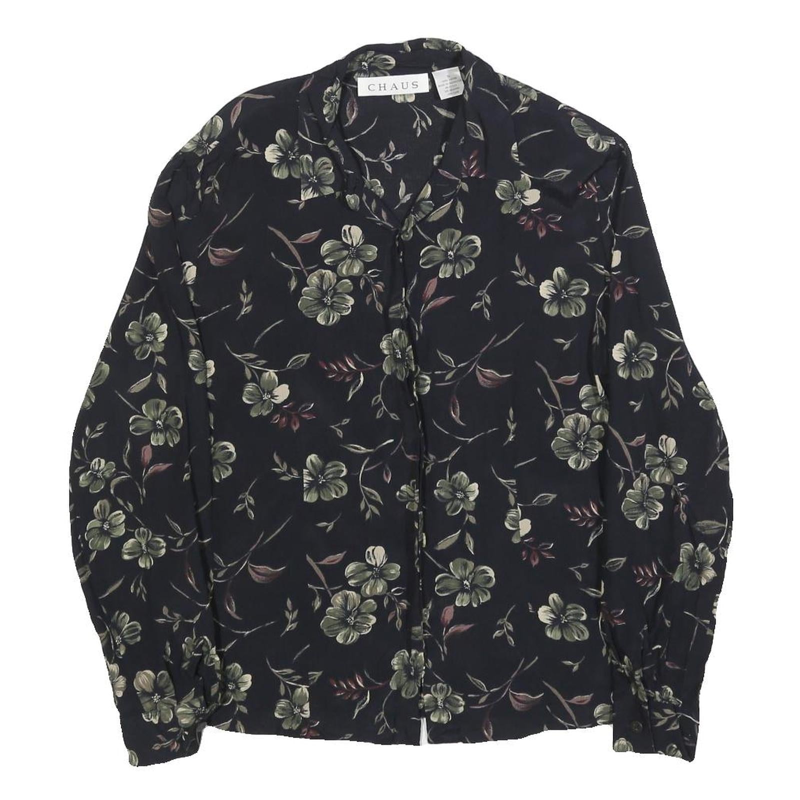 CHAUS Womens Black Floral Rayon Shirt Long Sleeve Collared S Elegant Refurbished - N/A refurbished available on Cerqular