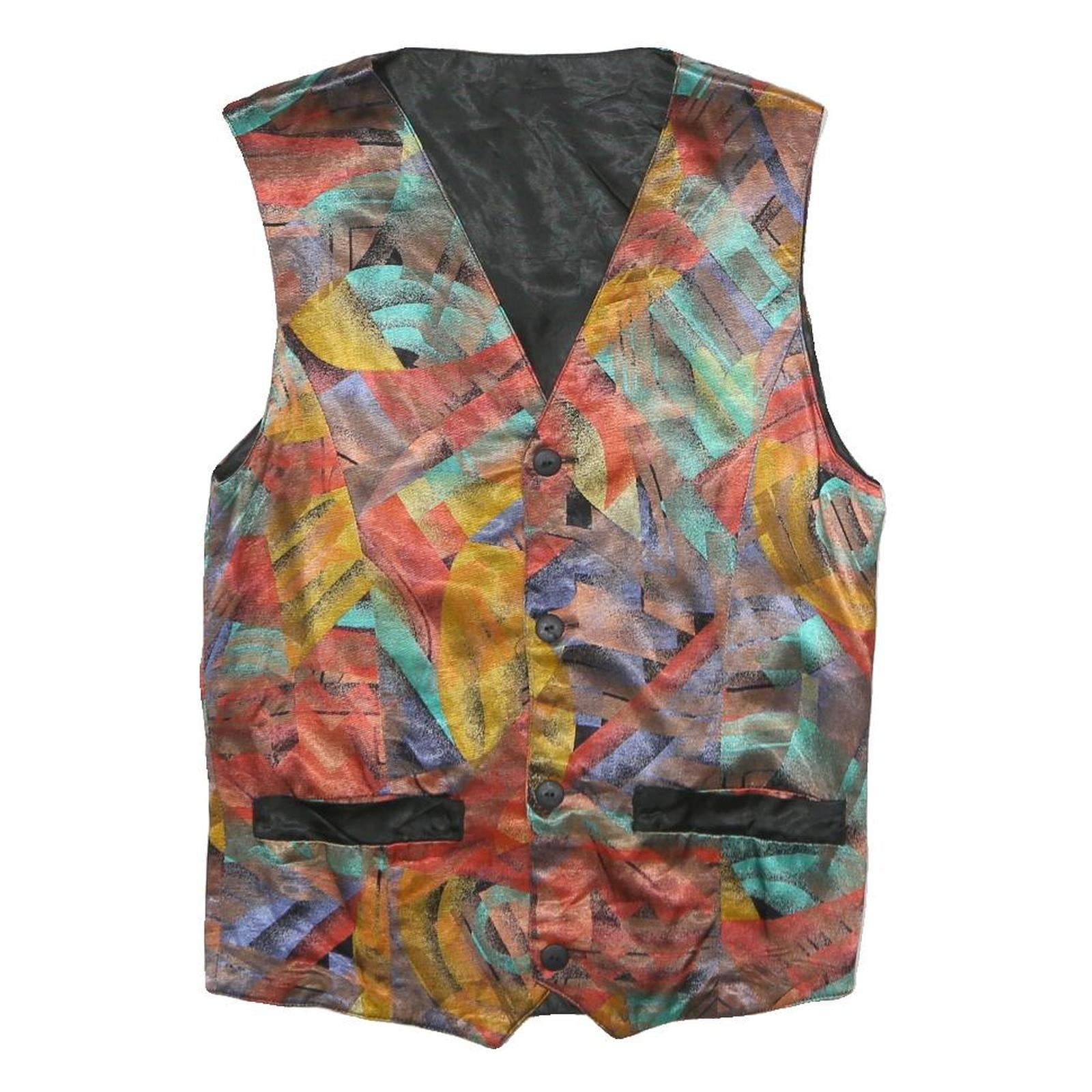 Mens Red & Multicoloured Waistcoat Crazy Pattern XS Woven Button Sleeveless Band Refurbished - N/A refurbished available on Cerqular