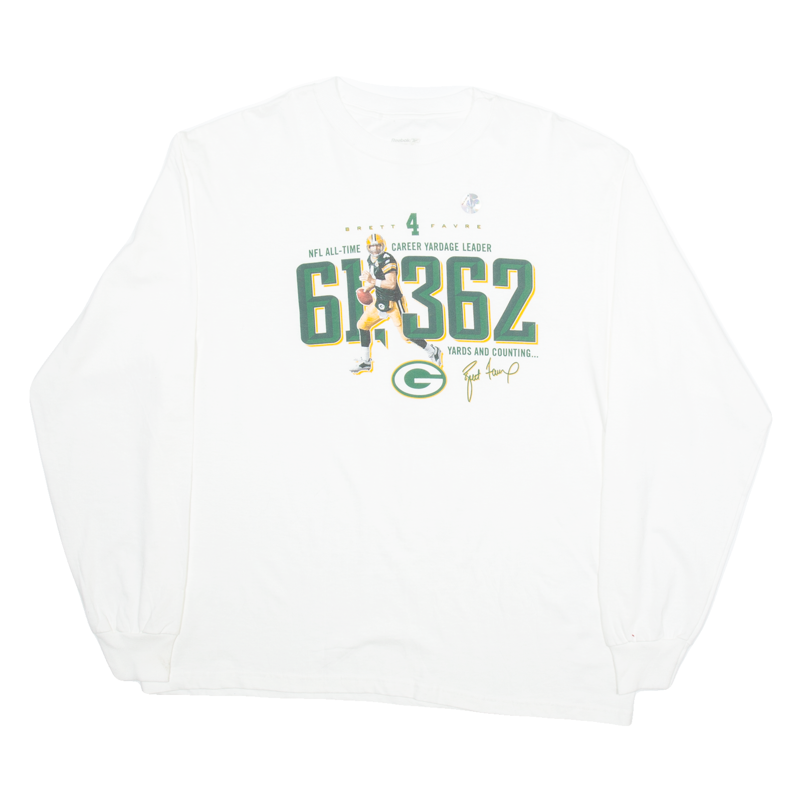 REEBOK NFL All Time Career Yardage Leader 61362 Yards To Count Green Bay Packers Mens T-Shirt White USA L Refurbished - N/A refurbished available on Cerqular