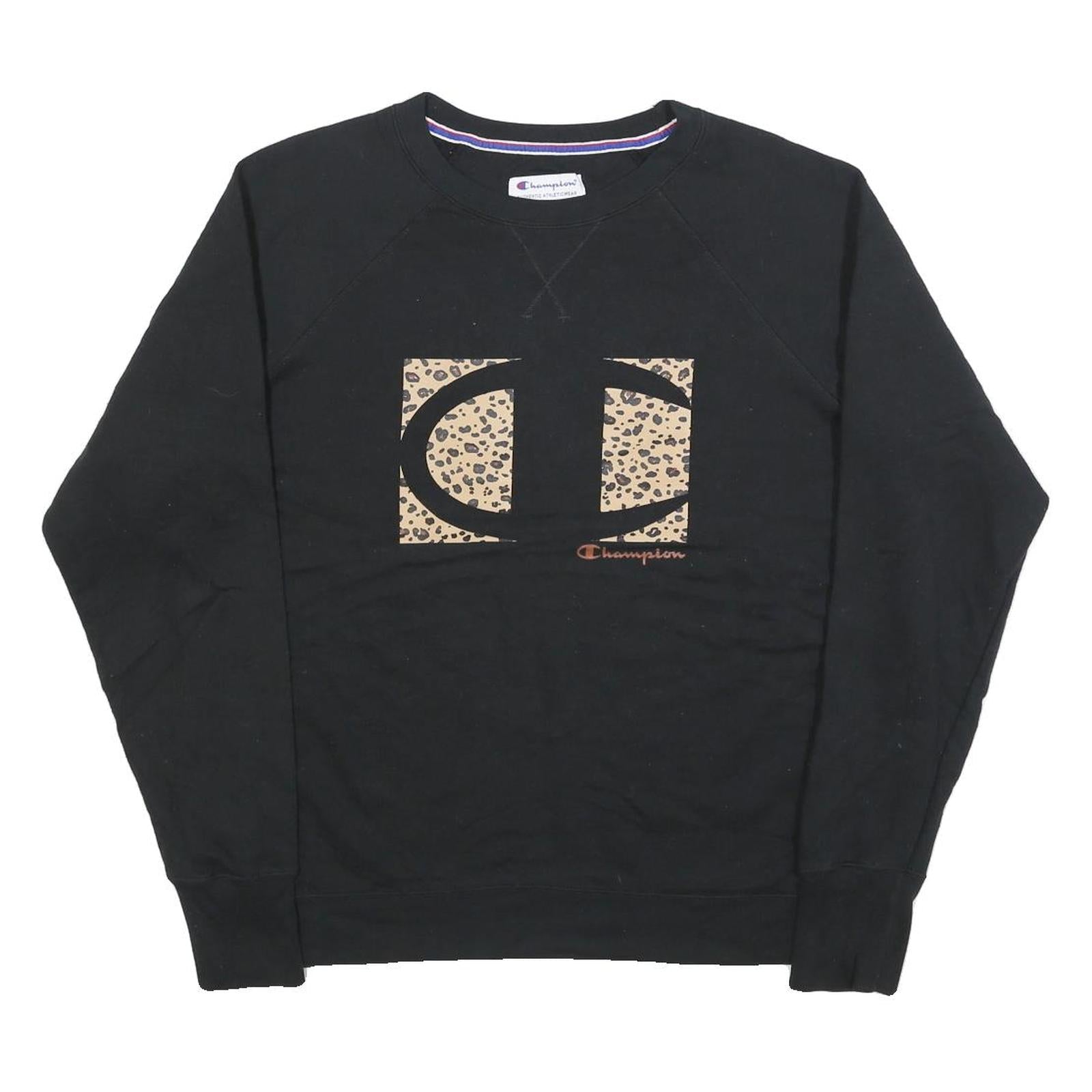 CHAMPION Womens Black Sweatshirt XL Cotton Round Neck Leopard Print Logo Refurbished - N/A refurbished available on Cerqular