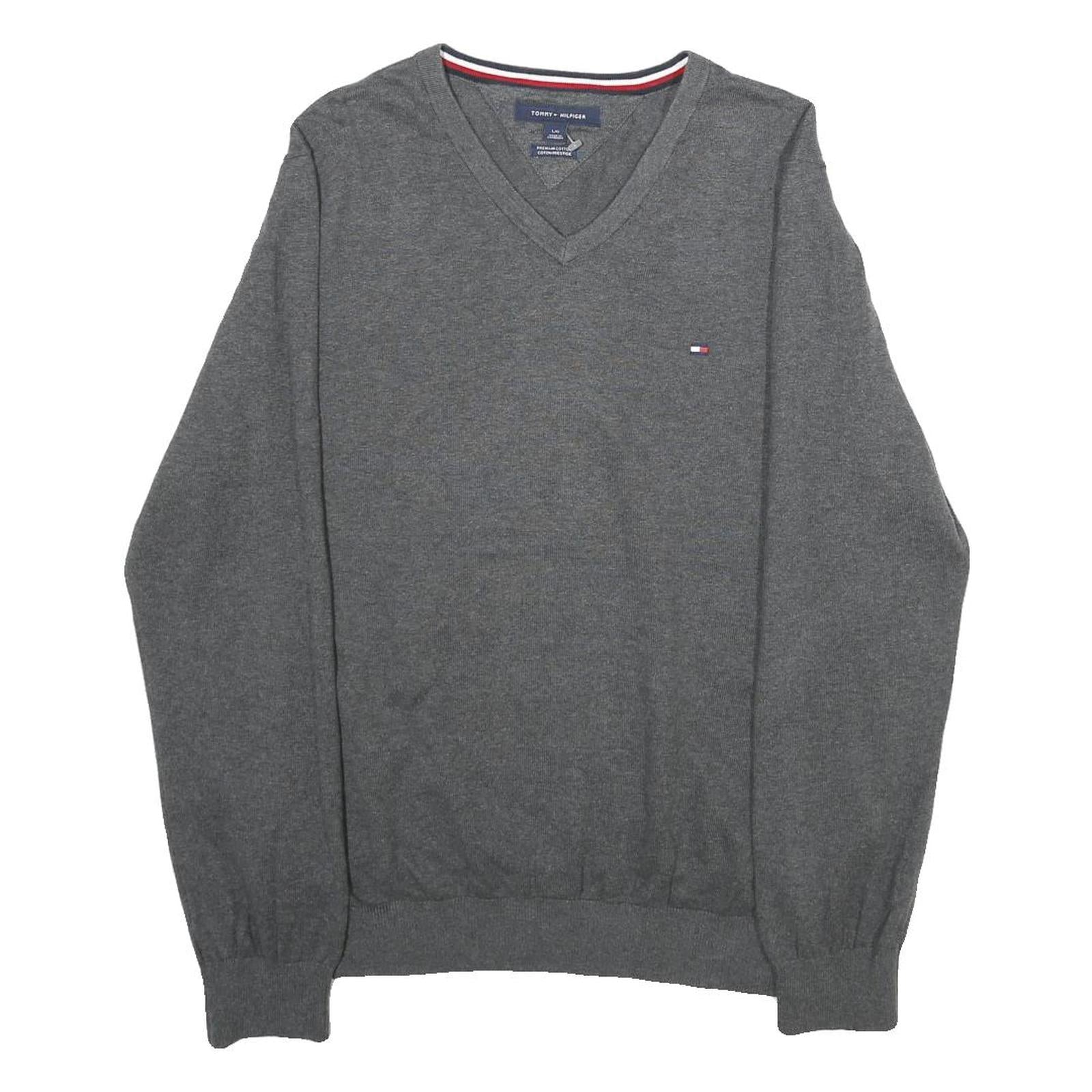 TOMMY HILFIGER Mens Grey Plain V-Neck Basic Knit Jumper L Cotton Classic Casual Refurbished - N/A refurbished available on Cerqular
