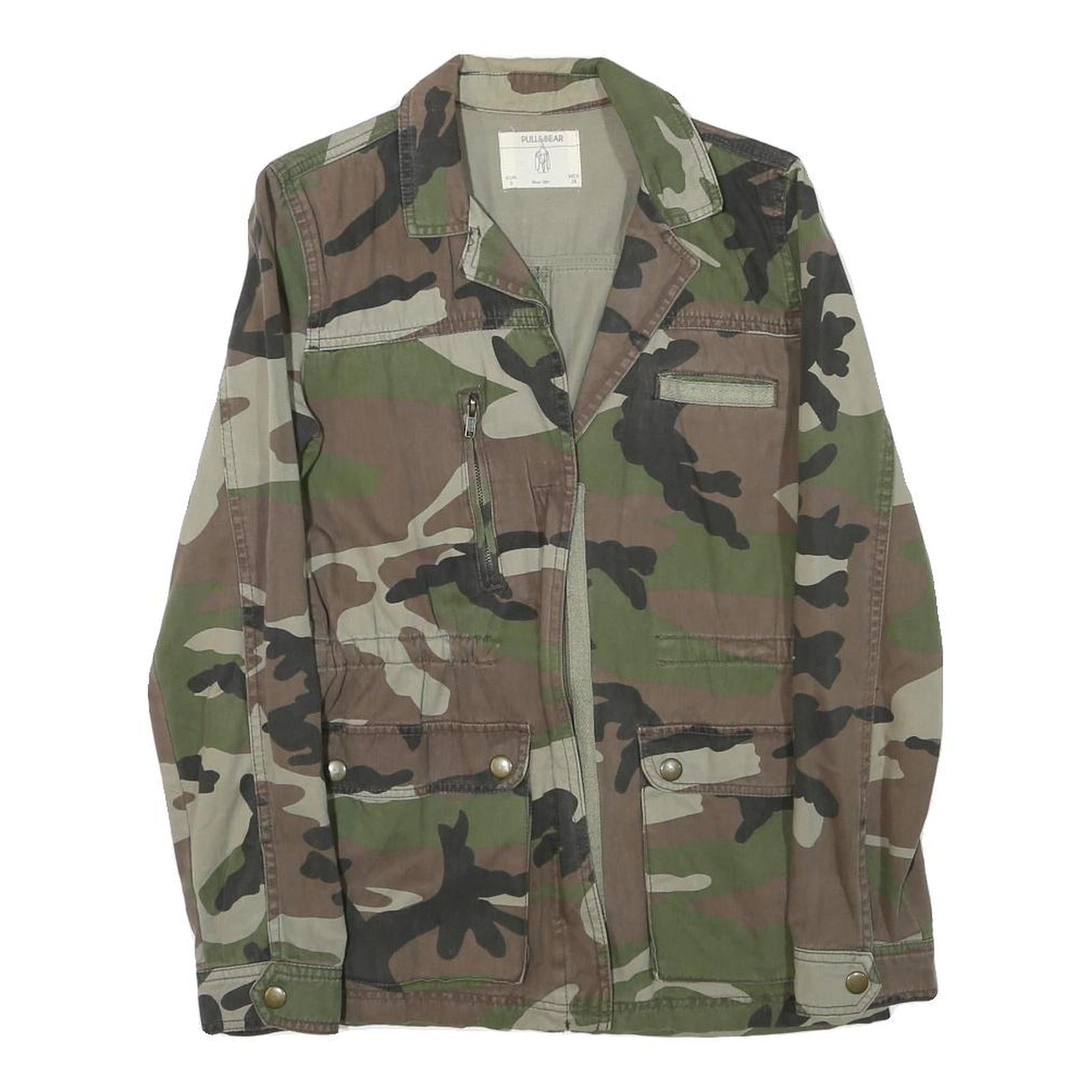 PULL AND BEAR Womens Green Brown Cotton Blend Camouflage Jacket S Zip Pocket Refurbished - N/A refurbished available on Cerqular