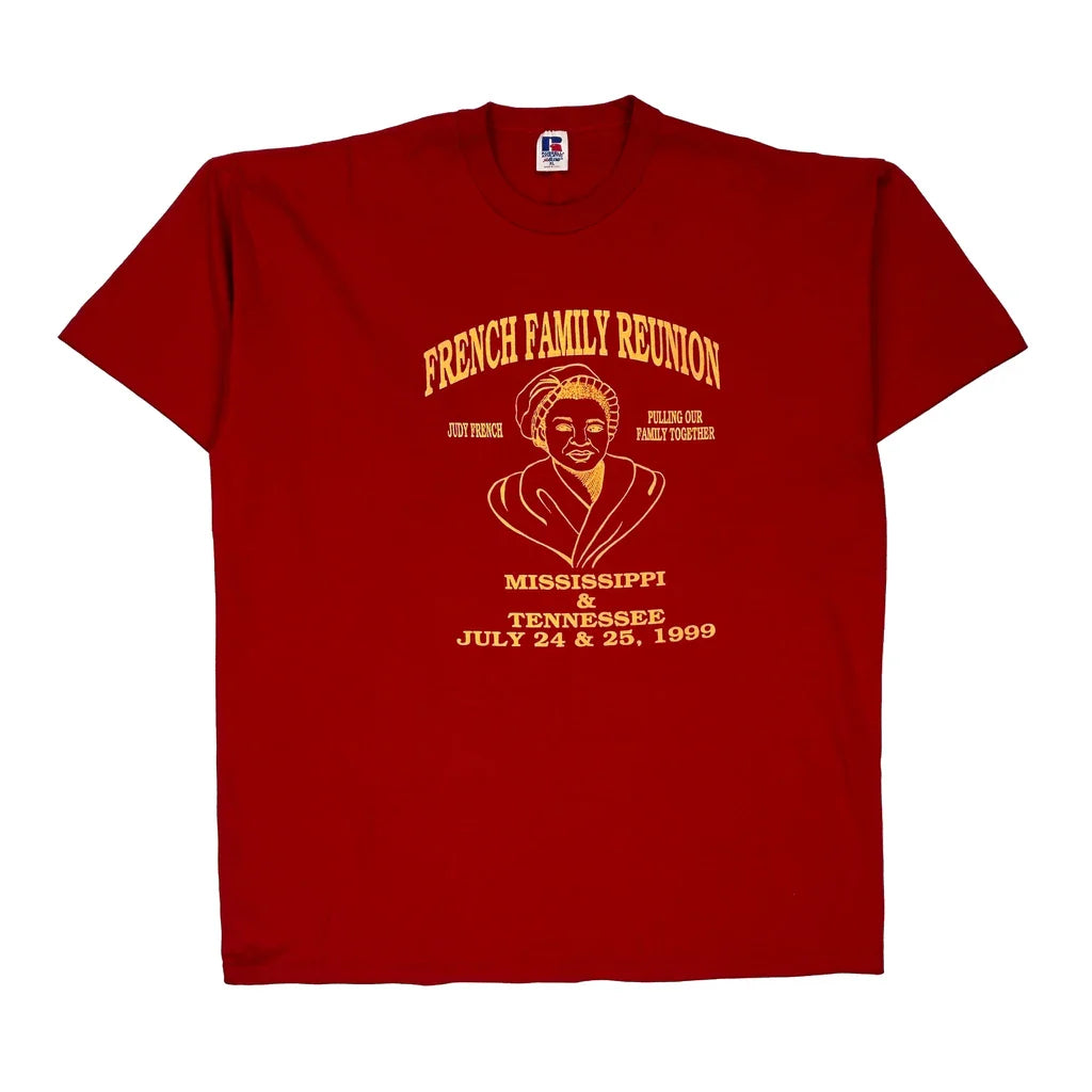 Made In USA Single Stitch Family Reunion Russell Athletic Graphic T-Shirt - XL Red Cotton Blend Refurbished - Thrifted (note: this is a term often used to describe second- refurbished available on Cerqular