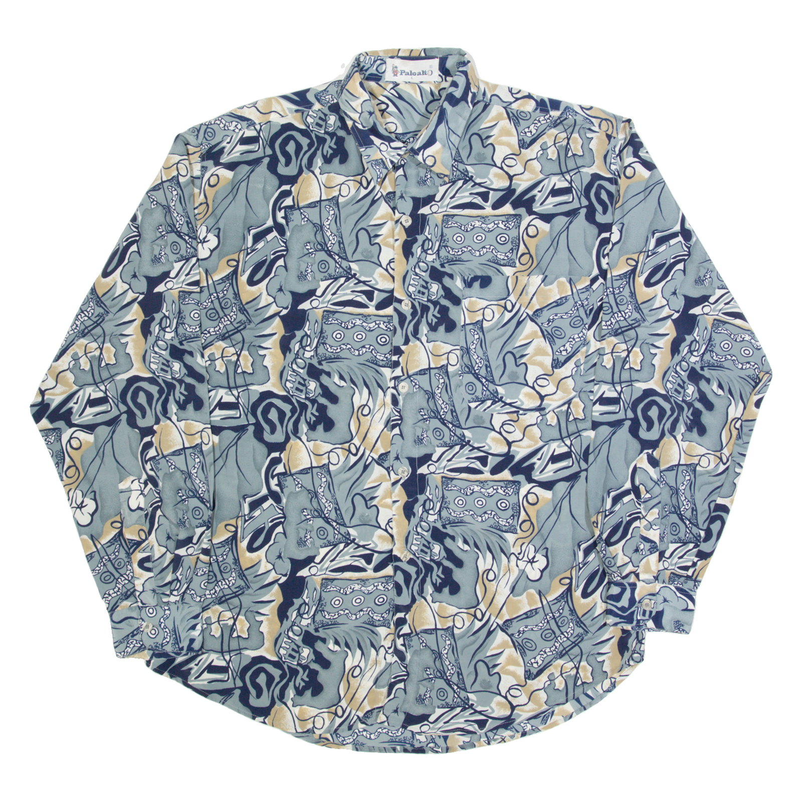 PALO ALTO Mens Shirt Blue 90s Crazy Pattern Long Sleeve L Refurbished - N/A refurbished available on Cerqular