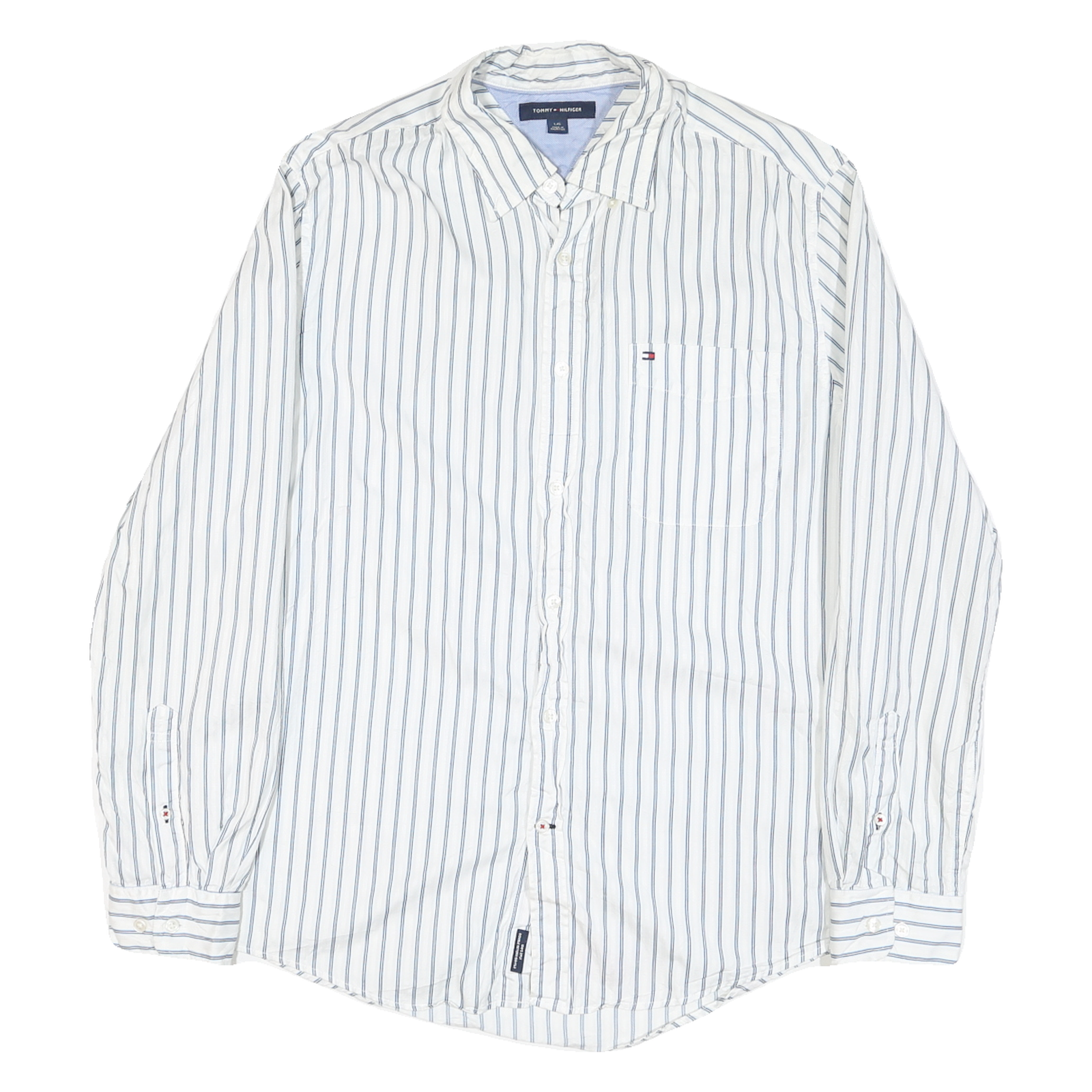 TOMMY HILFIGER Mens White & Blue Stripe Shirt L Casual Cotton Blend Long Sleeve Refurbished - N/A refurbished available on Cerqular