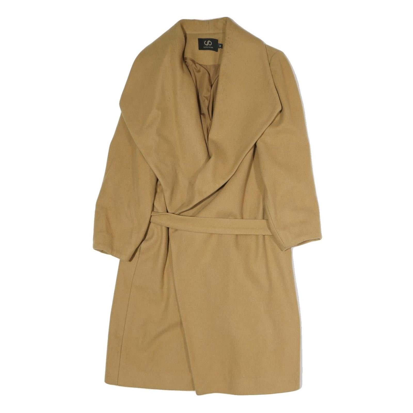 FASHION EXPLORE Womens Beige Classic Jacket M Cotton Plain Belted Long Sleeve Refurbished - N/A refurbished available on Cerqular
