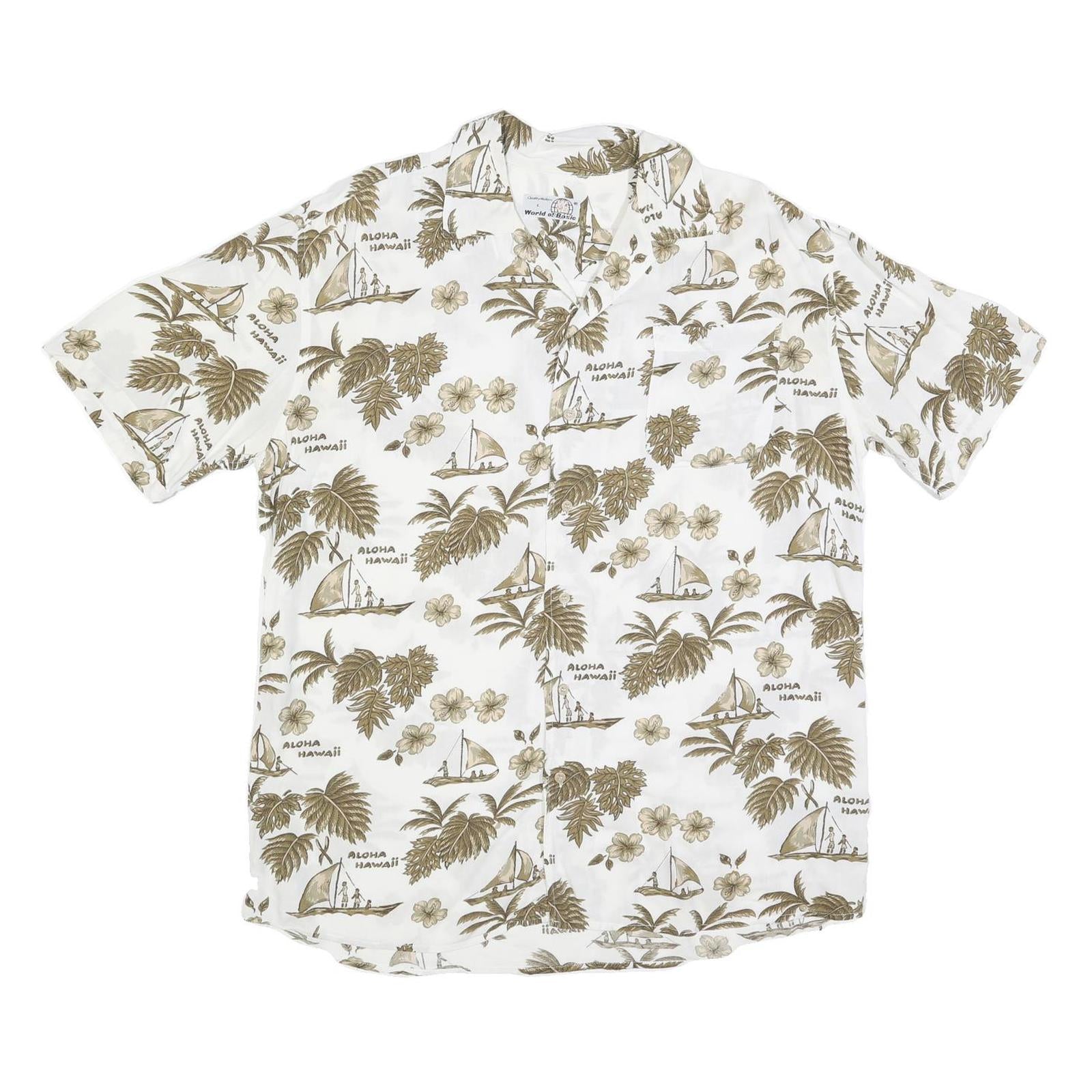 WORLD OF BASIC Mens White & Brown Hawaiian Cotton Blend Shirt L Casual Summer Refurbished - N/A refurbished available on Cerqular