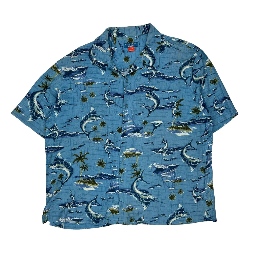 Puritan Graphic Hawaiian Shirt - XL Blue Viscose Refurbished - Thrifted (note: this is a term often used to describe second- refurbished available on Cerqular