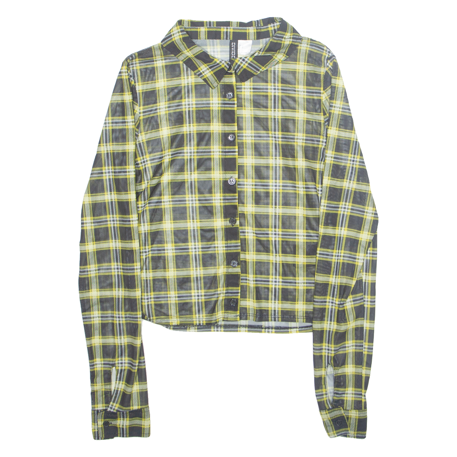 DIVIDED Sheer Womens Printed Shirt Black Collared Long Sleeve Check S Refurbished - N/A refurbished available on Cerqular