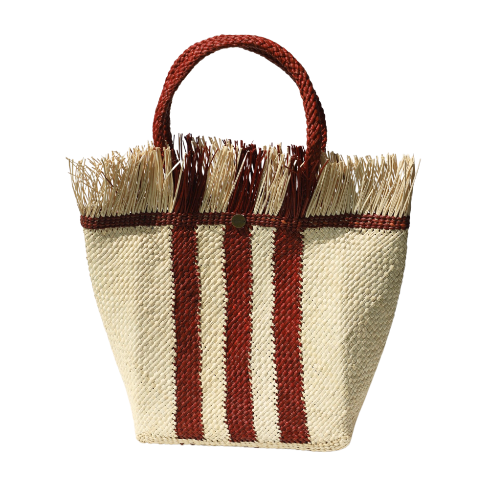 3 Stripes Tote Bag - Straw Bag - Iraca Handmade Bag - | Color: Natural & Red Ochre Refurbished - Apalma Handmade refurbished available on Cerqular