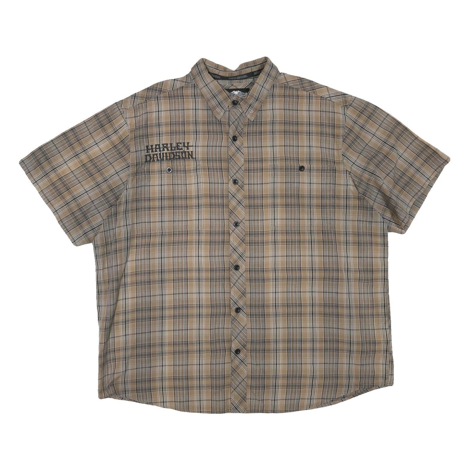 HARLEY DAVIDSON Mens Beige Plaid Cotton Blend Shirt 2XL Short Sleeve Button Refurbished - N/A refurbished available on Cerqular