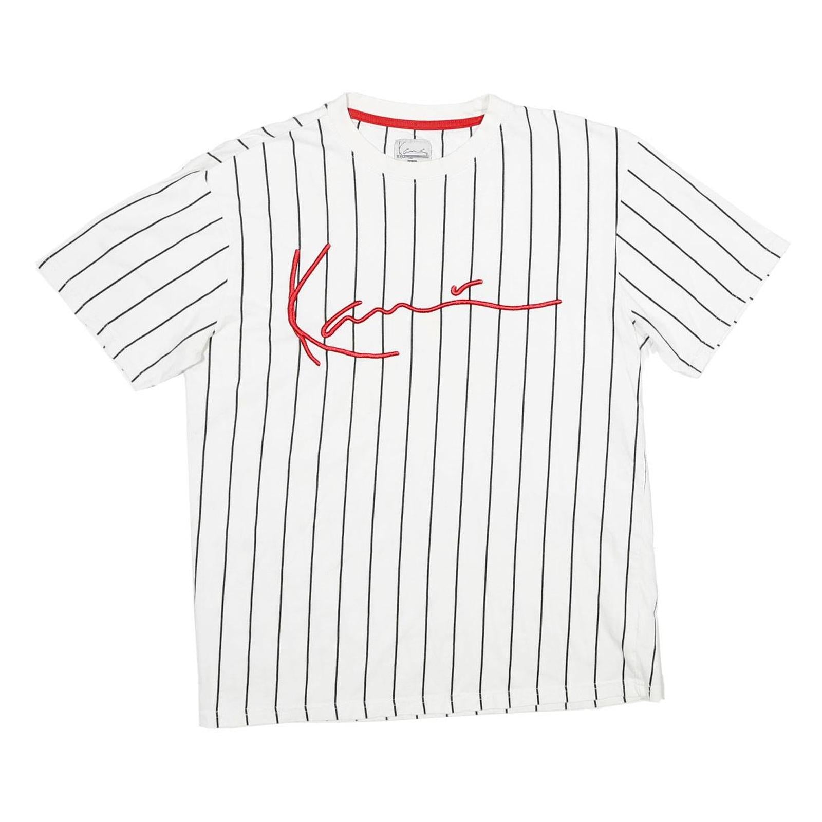 KARL KANI Mens White Black Pinstriped Signature T-Shirt XS Short Sleeve Crew Refurbished - N/A refurbished available on Cerqular