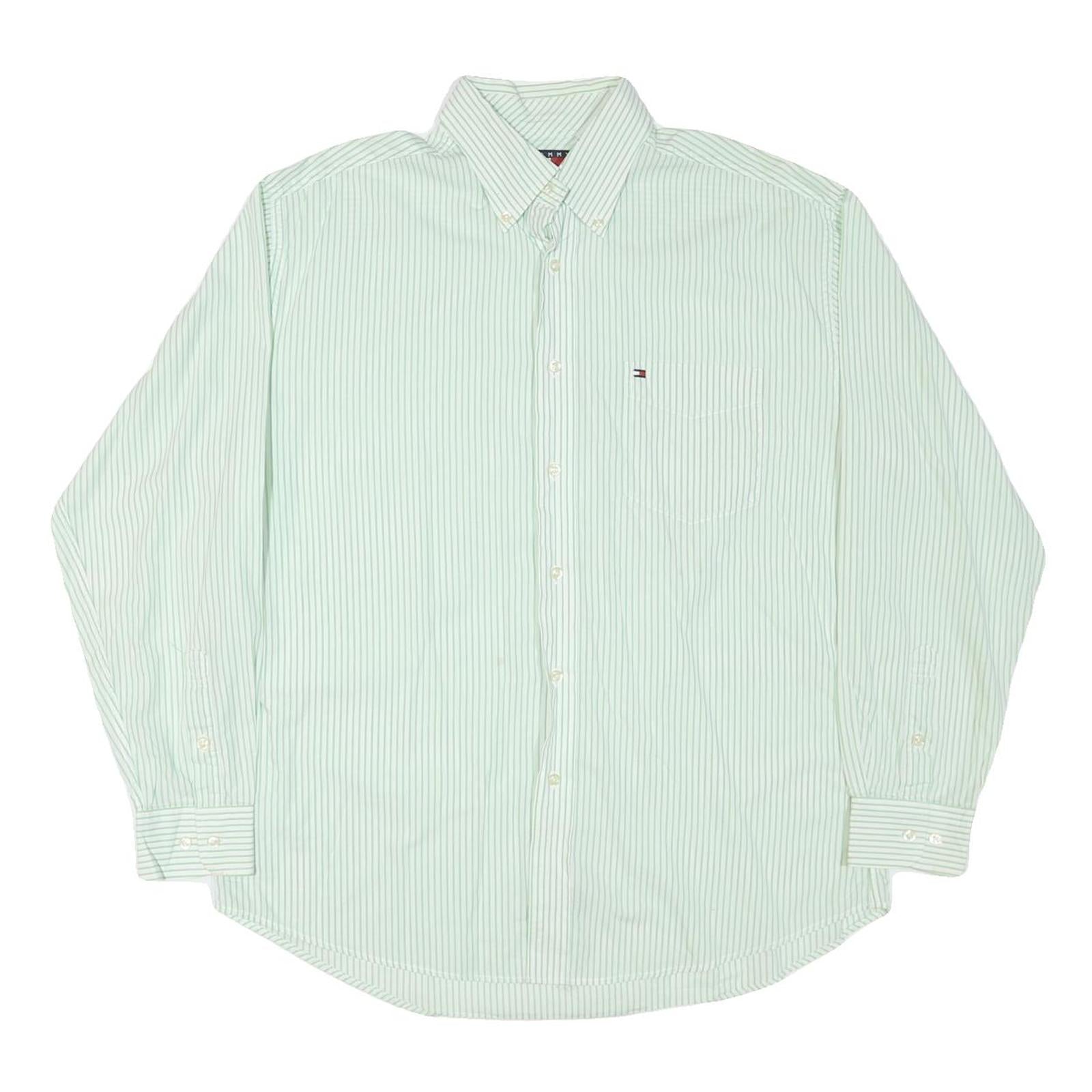 TOMMY HILFIGER Mens White & Green Stripe Shirt L Classic Button-Down Collar Long Refurbished - N/A refurbished available on Cerqular