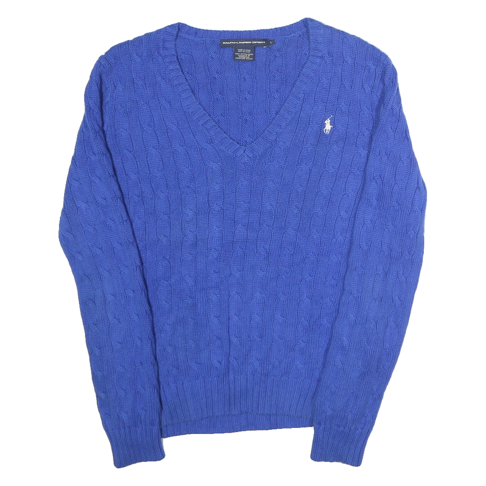 RALPH LAUREN SPORT Mens Blue Cable Knit V-Neck Jumper L Cotton Classic Fit Refurbished - N/A refurbished available on Cerqular