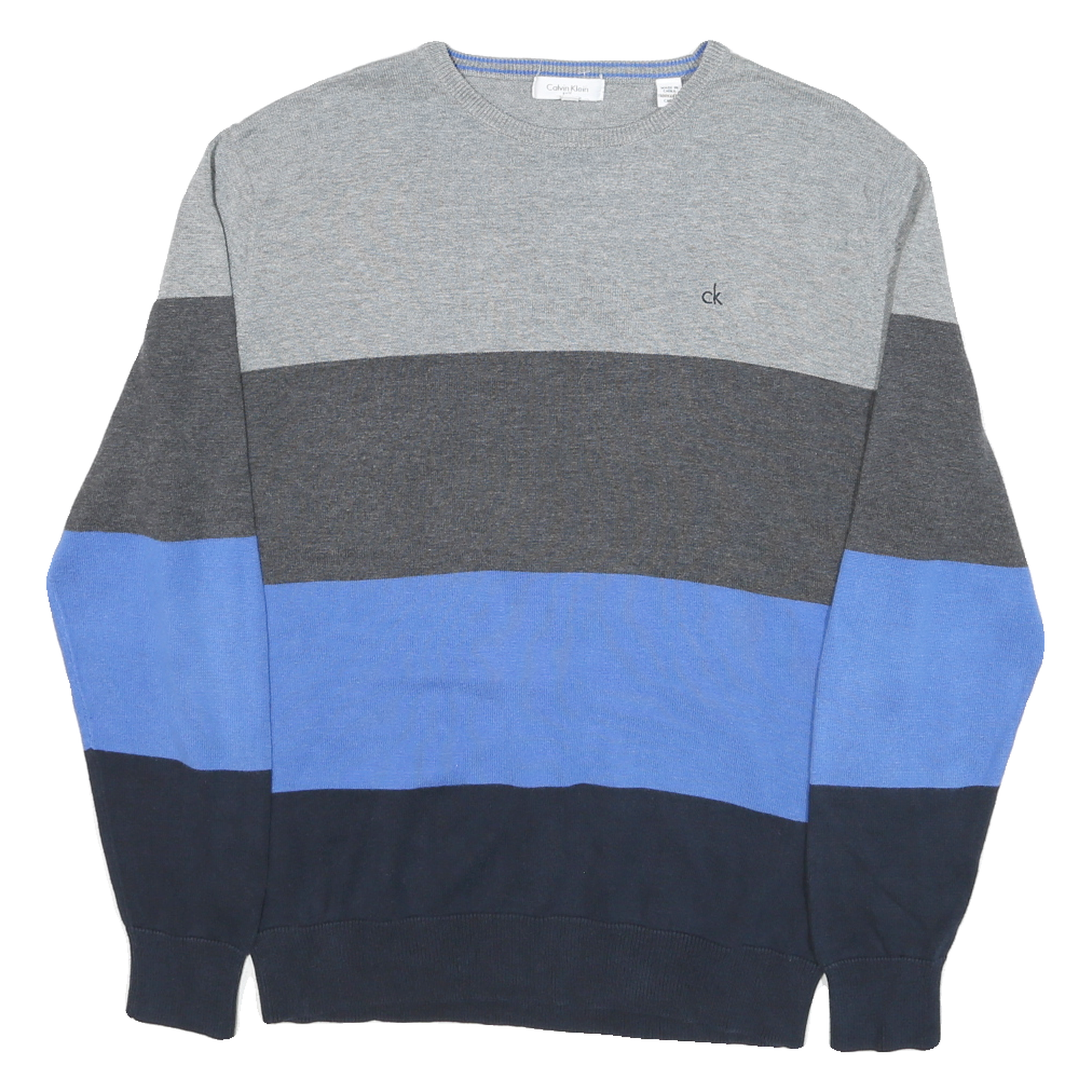 CALVIN KLEIN Mens Grey & Blue Colourblock Pattern Crew Neck Basic Knit XL Cotton Refurbished - N/A refurbished available on Cerqular