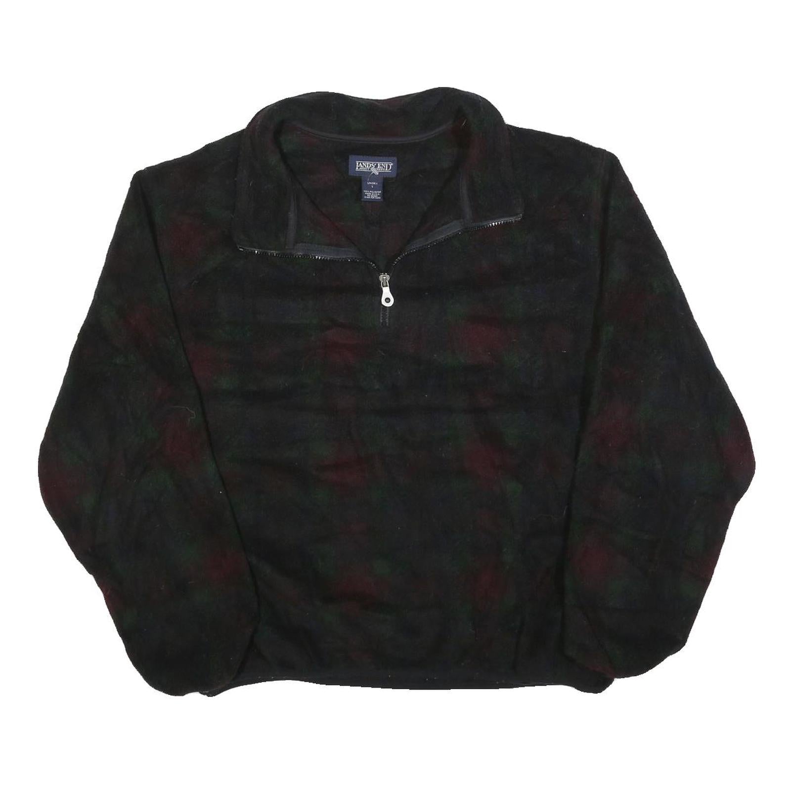 LANDS END Womens Black Green Red Patterned Jumper 1/4 Zip Polyester L Fleece Refurbished - N/A refurbished available on Cerqular