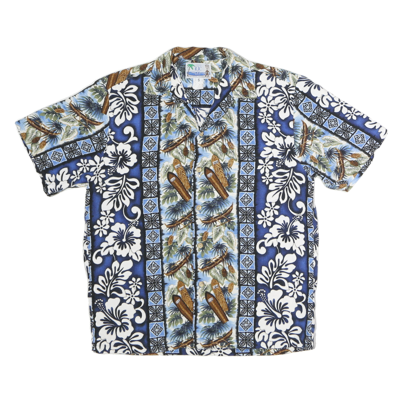 RJC Mens Blue Hawaiian Cotton Shirt S Tropical Print Resort Style Casual Refurbished - N/A refurbished available on Cerqular