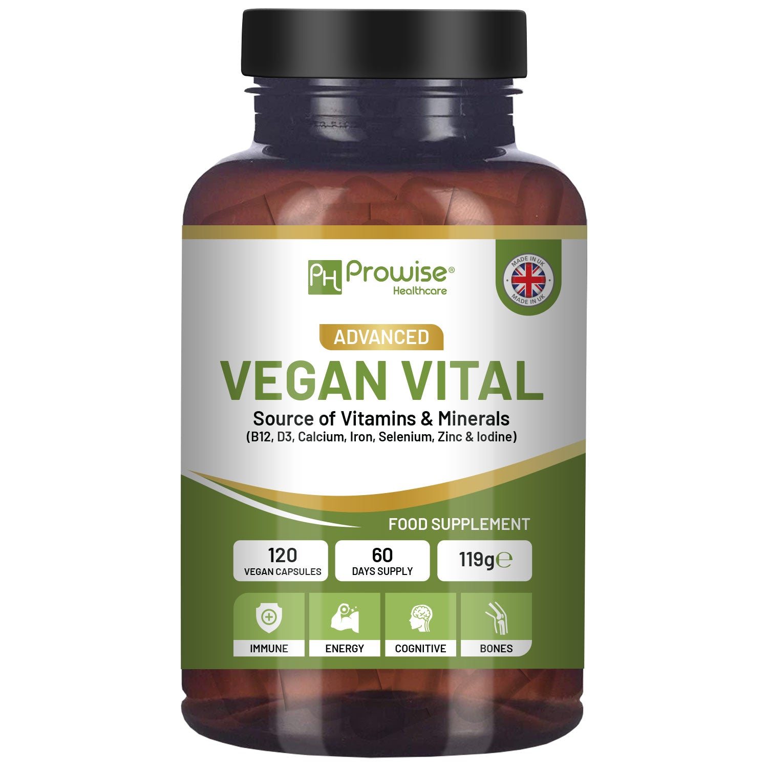 Vegan Vital Multivitamins and Minerals | 120 Vegan Multivitamin Capsule | Calcium, Vitamin B12, Vitamin B2, Vitamin D3, Selenium, Iodine, Zinc & Iron Refurbished - Prowise Healthcare refurbished available on Cerqular