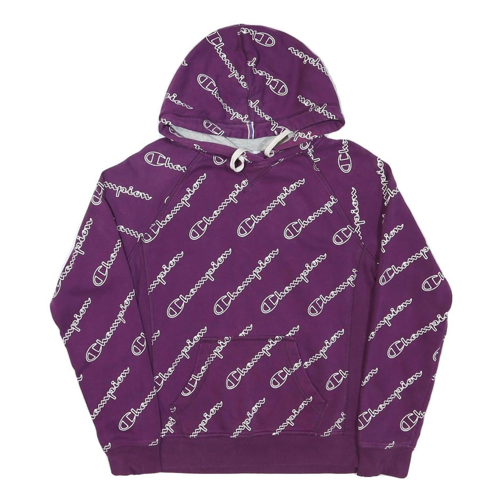 CHAMPION Mens Purple All Over Logo Print Pullover Hoodie S Cotton Blend Refurbished - N/A refurbished available on Cerqular