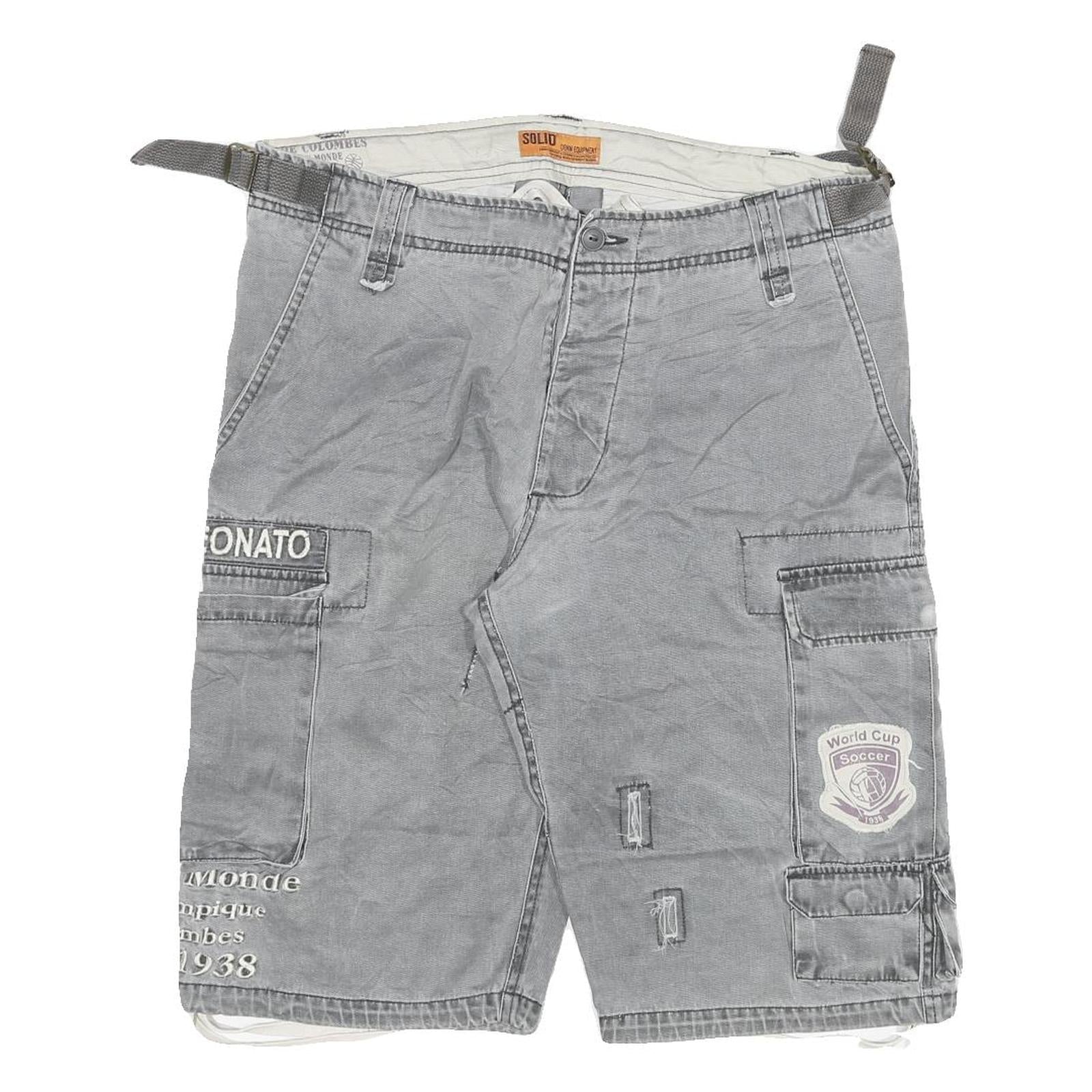 SOLID Mens Shorts Grey Cotton Blend Casual Cargo 2XL W34 Embroidered Patch Refurbished - N/A refurbished available on Cerqular