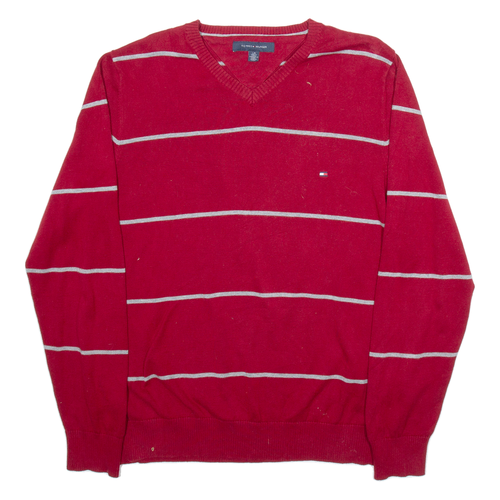 TOMMY HILFIGER Mens Patterned Jumper Red Striped V-Neck Tight Knit L Refurbished - N/A refurbished available on Cerqular