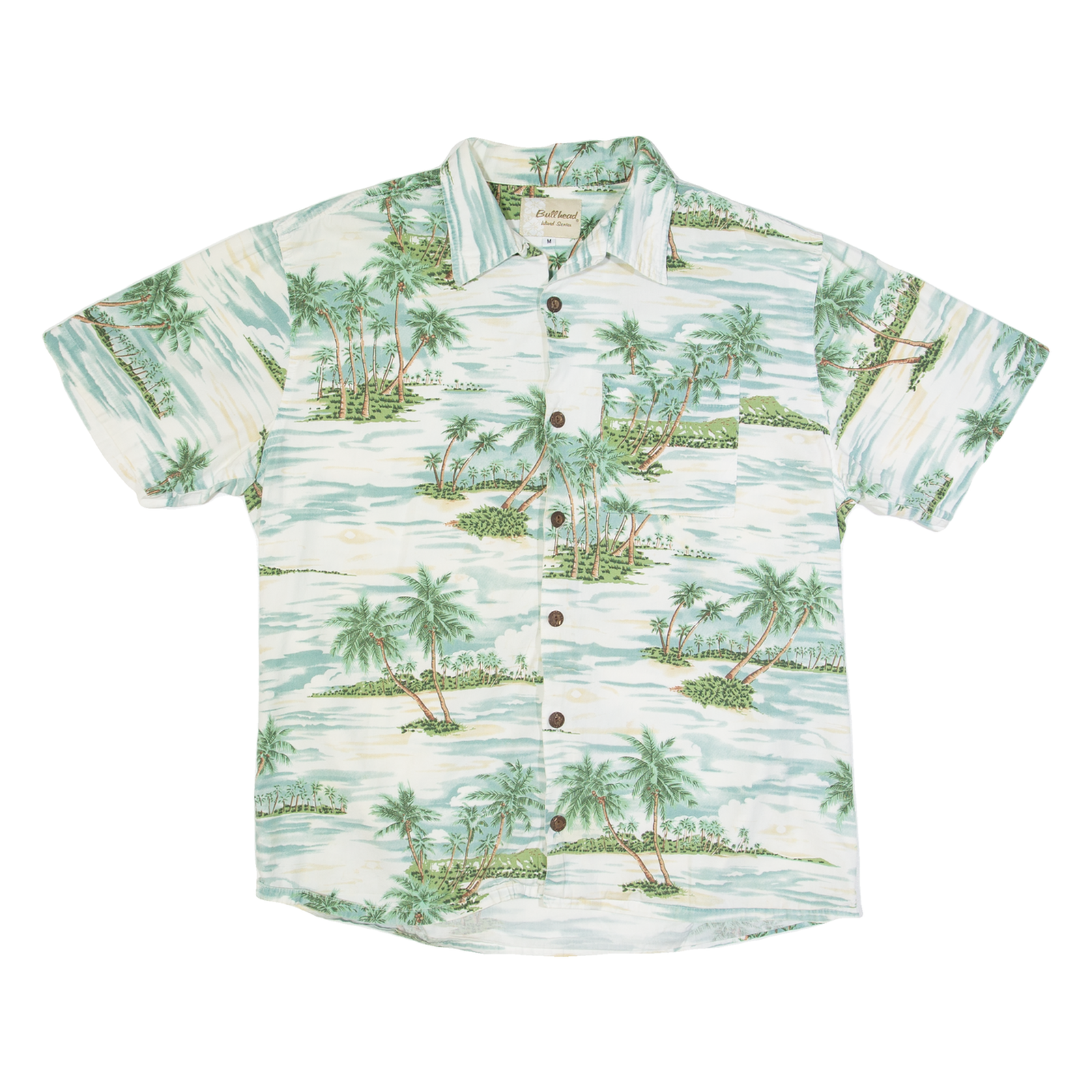 BULL HEAD Palm Tree Print Mens Hawaiian Shirt White Floral M Refurbished - N/A refurbished available on Cerqular