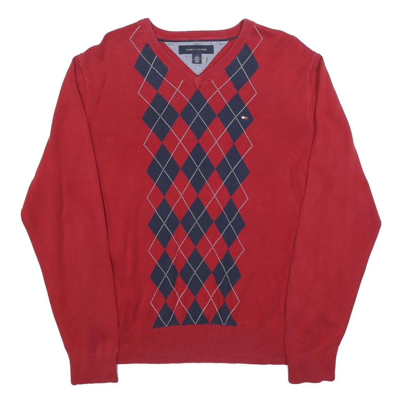 TOMMY HILFIGER Mens Red & Navy Patterned Jumper V-Neck Basic Knit M Classic Refurbished - N/A refurbished available on Cerqular